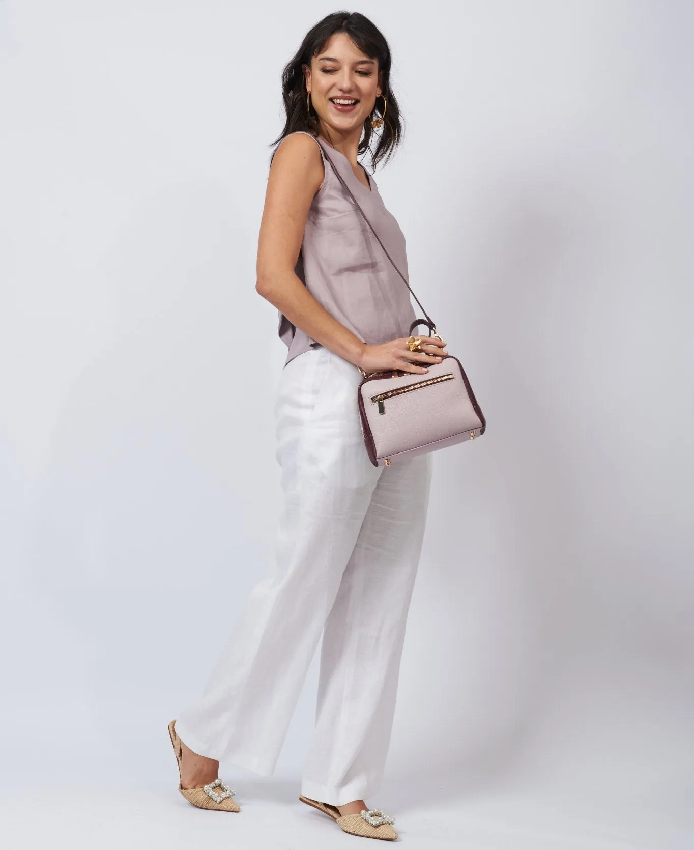 Camera leather bag bi-colour lilac and wine