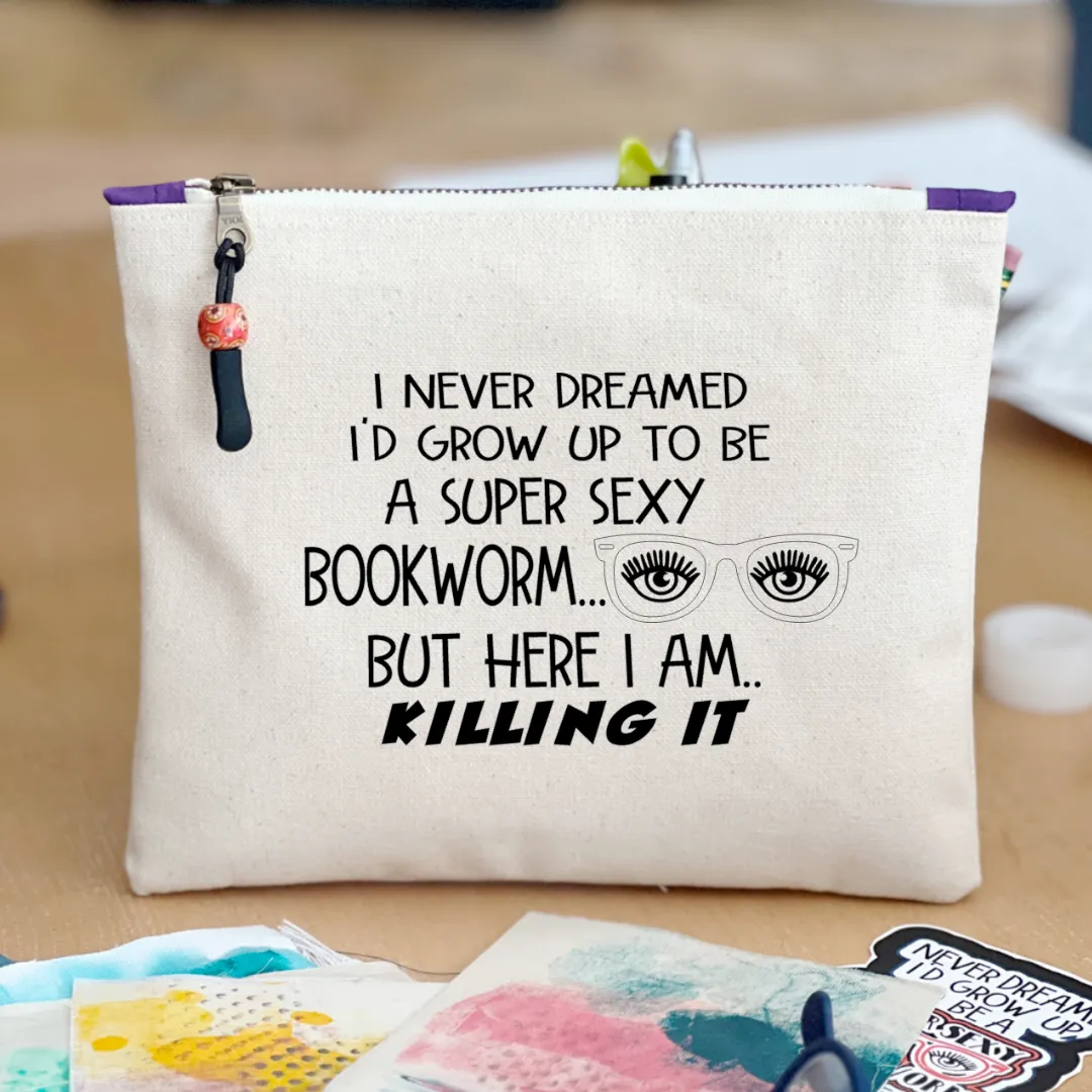 Canvas zip bag painted small - super sexy bookworm
