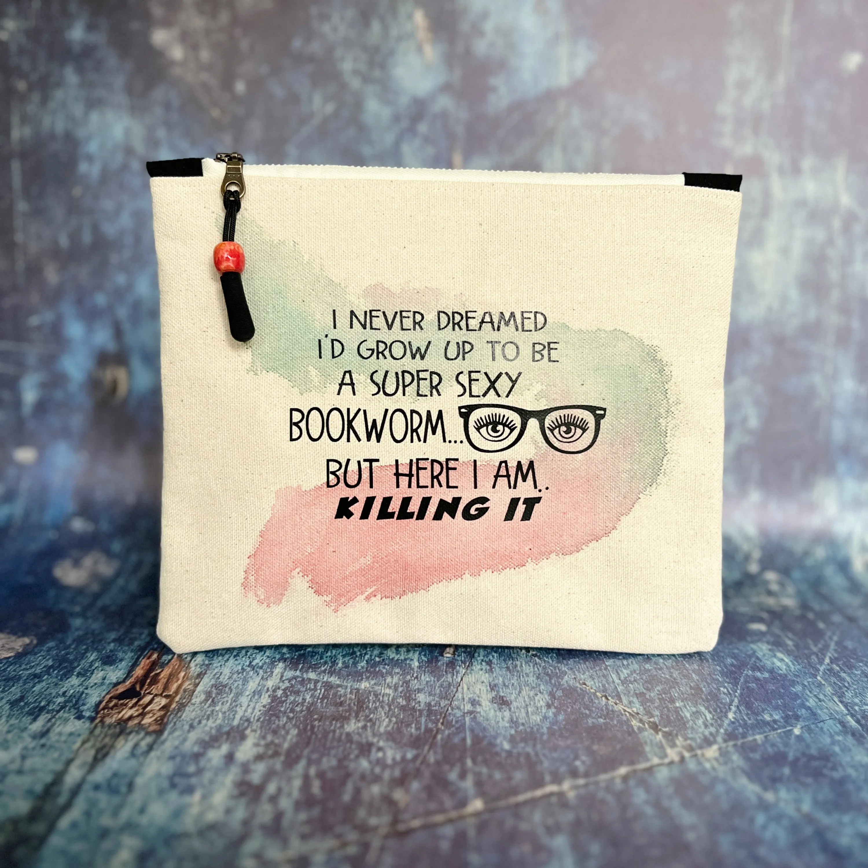 Canvas zip bag painted small - super sexy bookworm