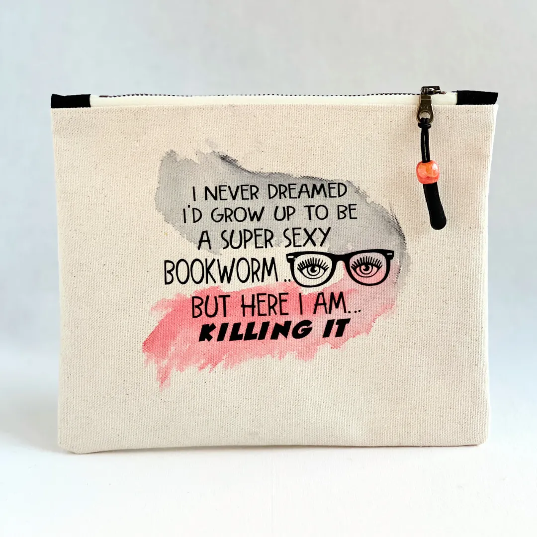 Canvas zip bag painted small - super sexy bookworm