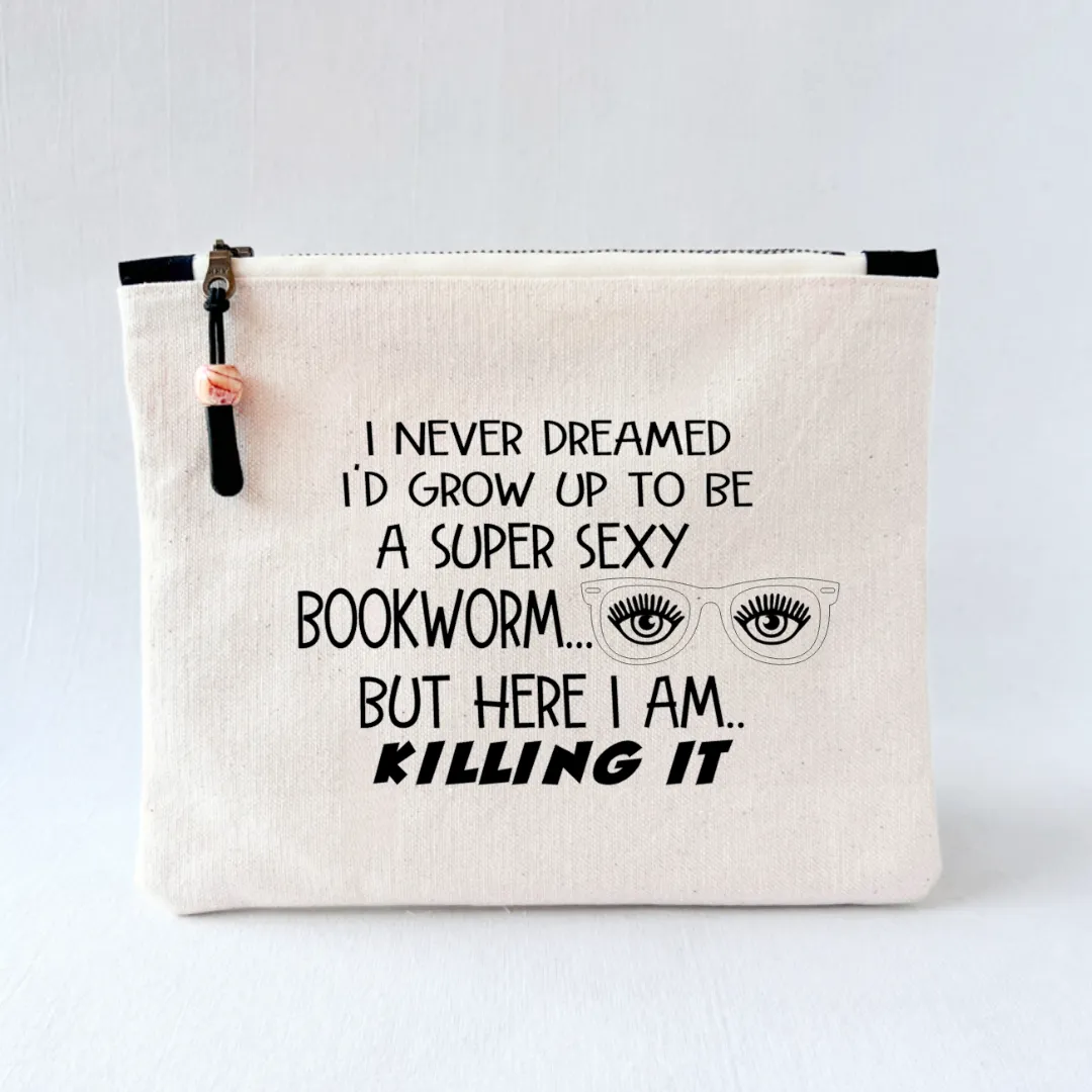 Canvas zip bag painted small - super sexy bookworm