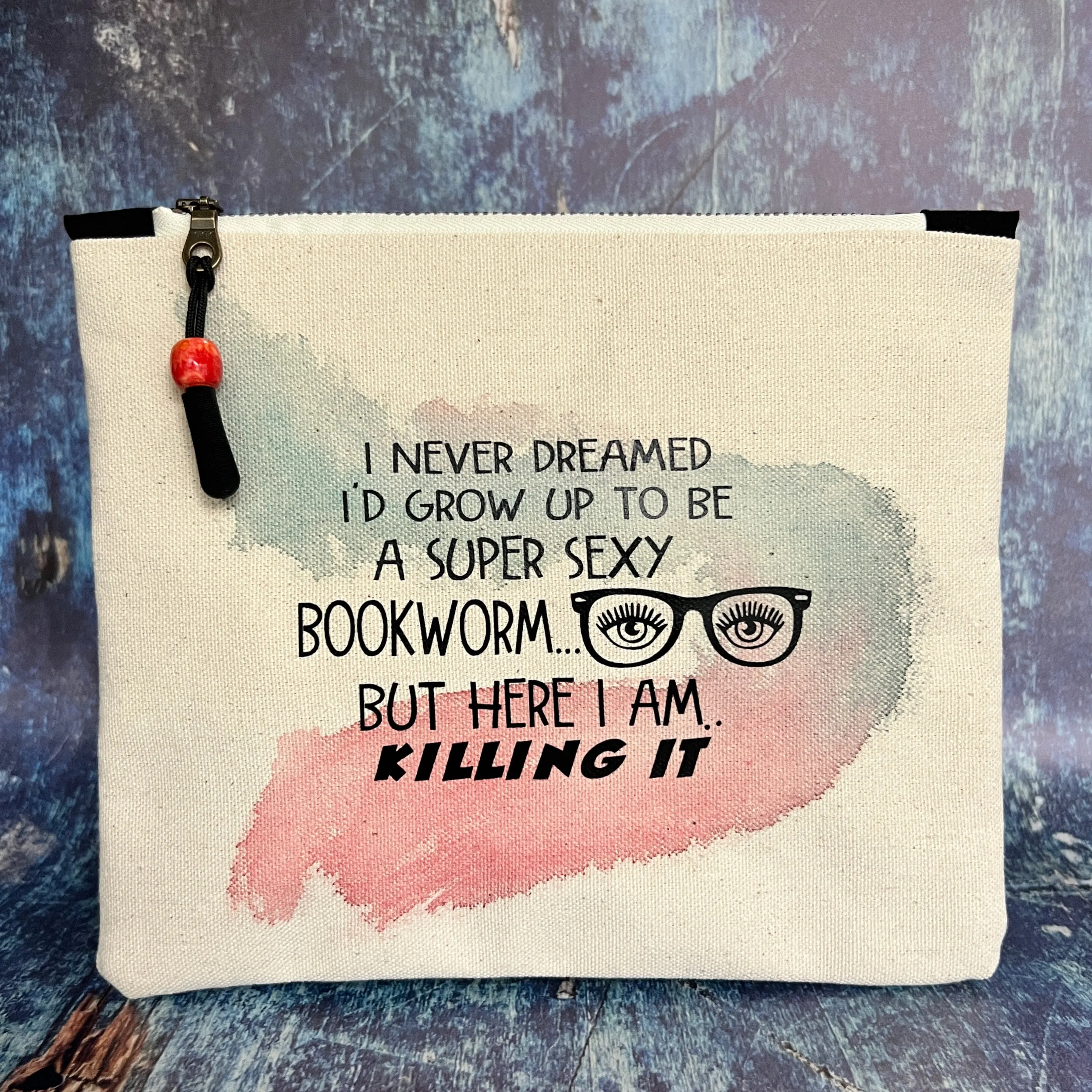 Canvas zip bag painted small - super sexy bookworm