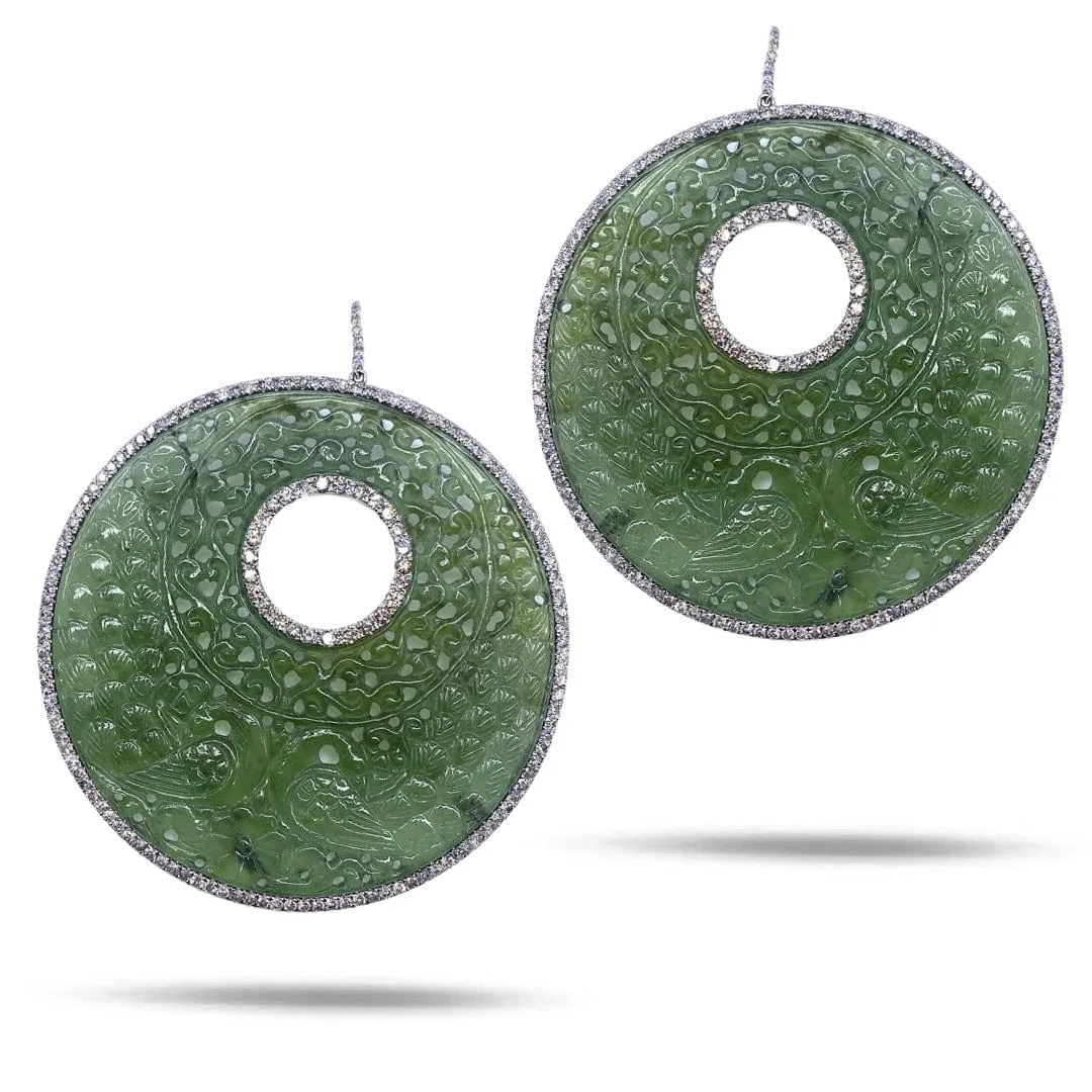 Carved Serpentine & Diamond Round Drop Earrings