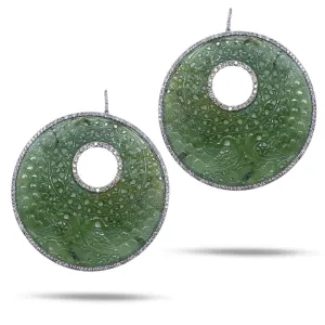 Carved Serpentine & Diamond Round Drop Earrings
