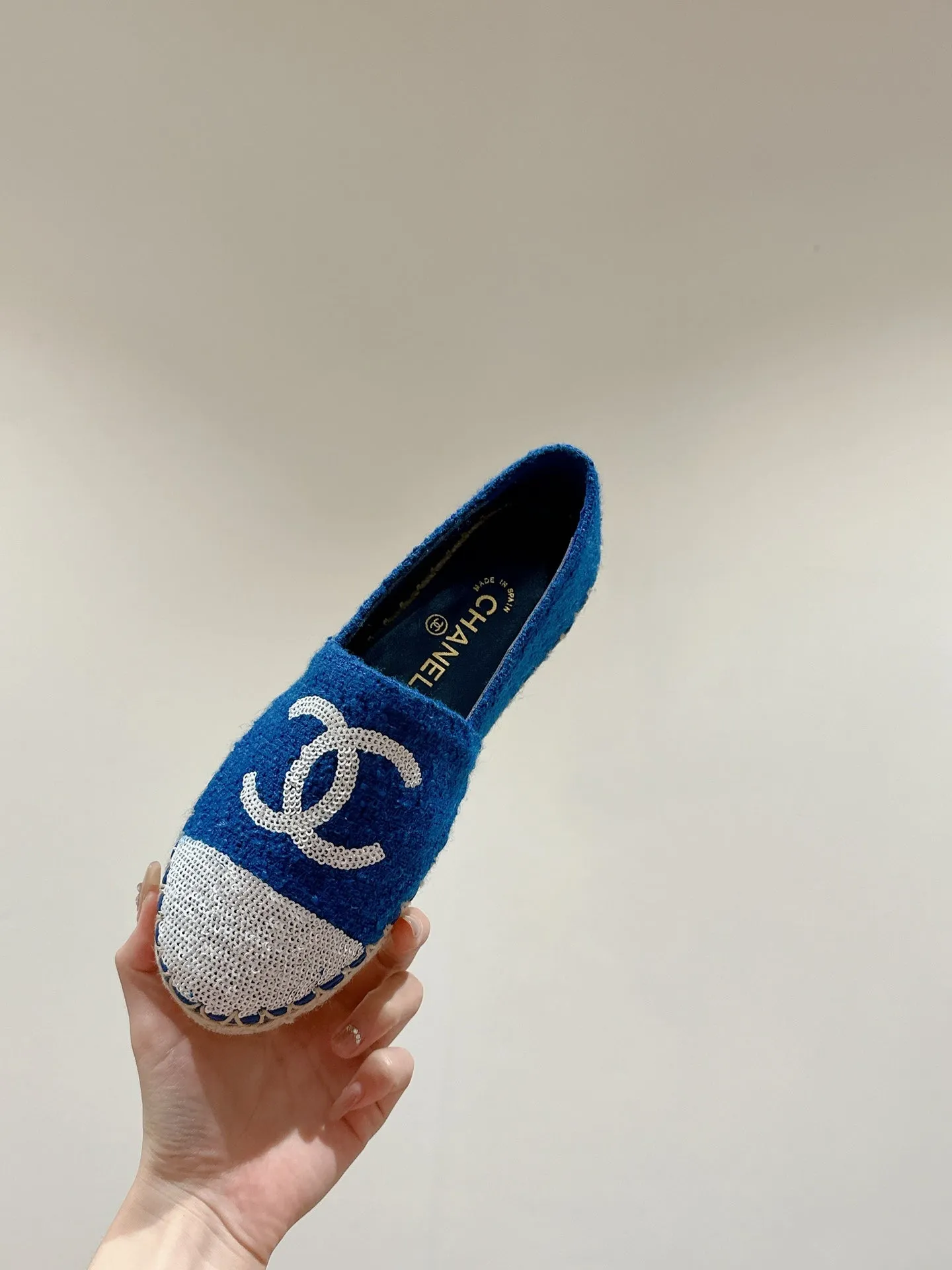 cc espadrilles blue cotton tweed white sequin