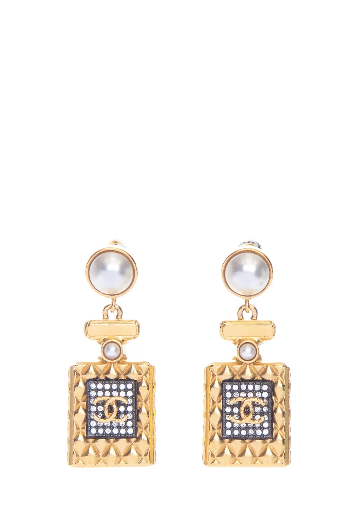 Chanel 2020 Gold and Pearl Perfume Bottle Drop Earrings