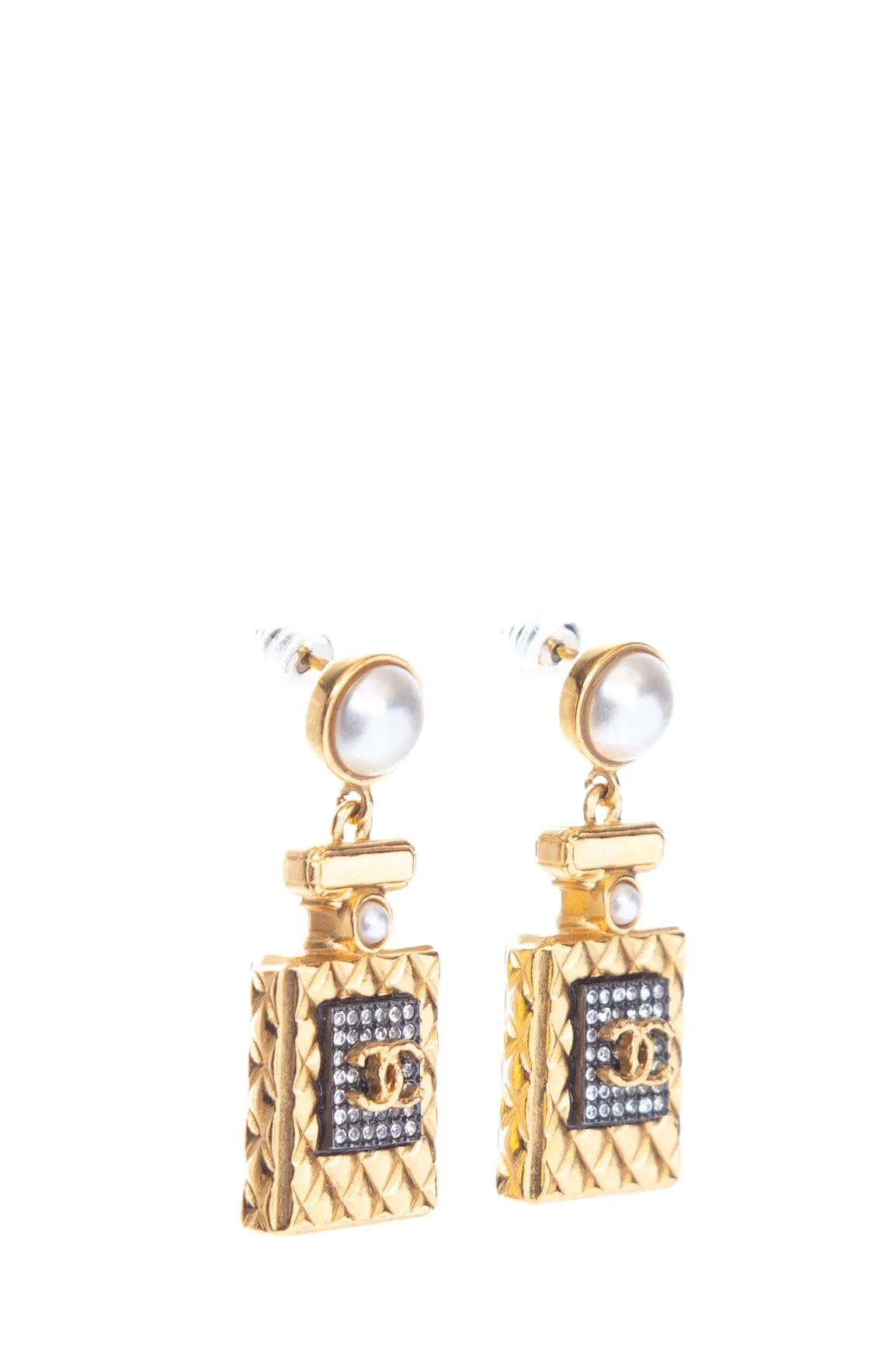 Chanel 2020 Gold and Pearl Perfume Bottle Drop Earrings
