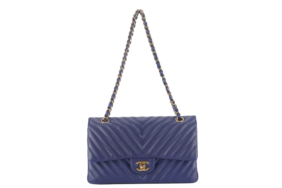 CHANEL CLASSIC FLAP CHEVRON (2117xxxx) DARK BLUE LAMBSKIN GOLD HARDWARE MEDIUM SIZE WITH CARD AND DUST COVER