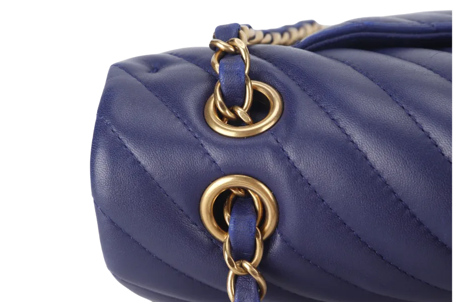 CHANEL CLASSIC FLAP CHEVRON (2117xxxx) DARK BLUE LAMBSKIN GOLD HARDWARE MEDIUM SIZE WITH CARD AND DUST COVER