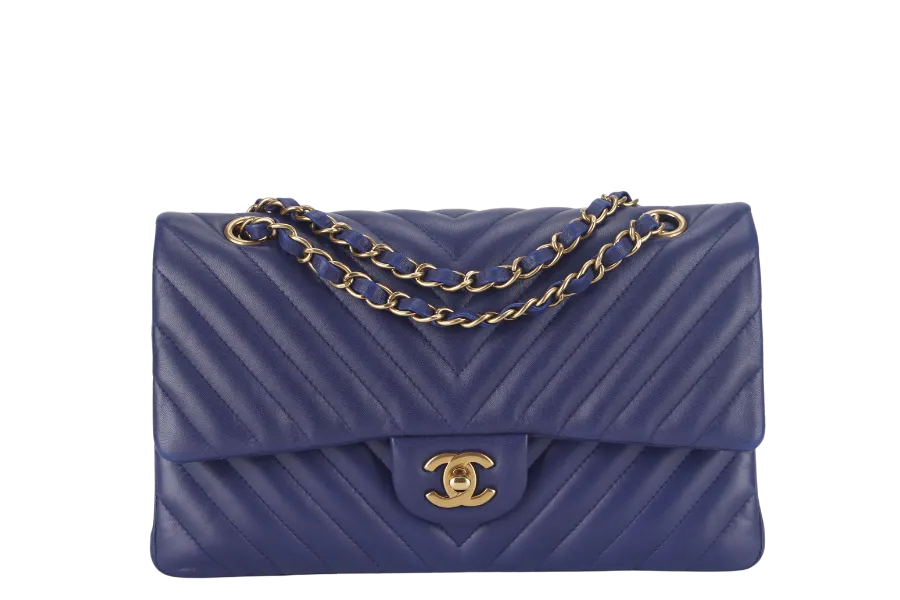 CHANEL CLASSIC FLAP CHEVRON (2117xxxx) DARK BLUE LAMBSKIN GOLD HARDWARE MEDIUM SIZE WITH CARD AND DUST COVER