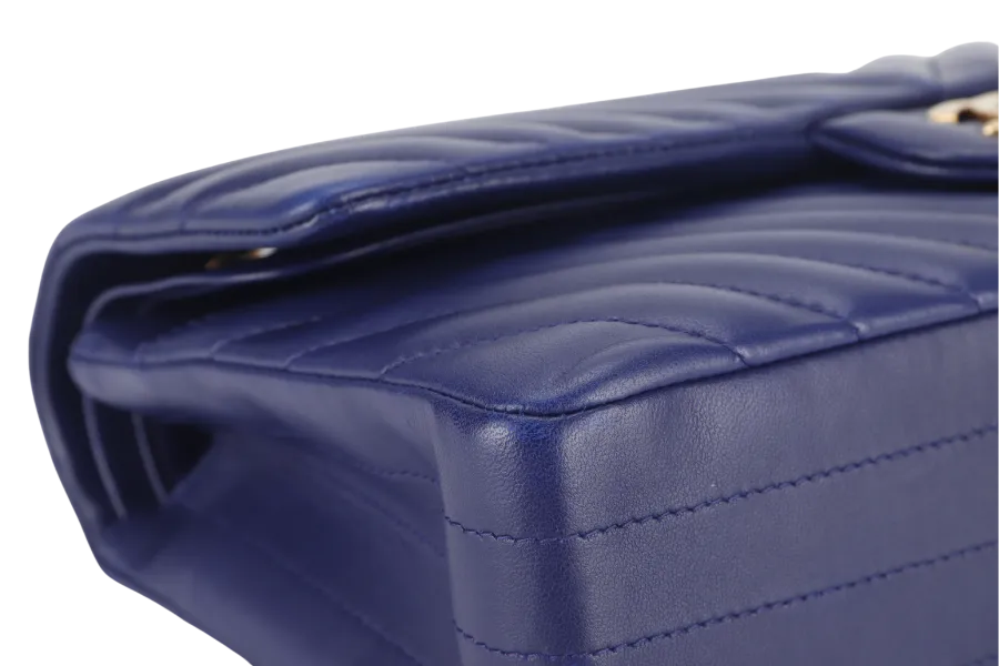 CHANEL CLASSIC FLAP CHEVRON (2117xxxx) DARK BLUE LAMBSKIN GOLD HARDWARE MEDIUM SIZE WITH CARD AND DUST COVER