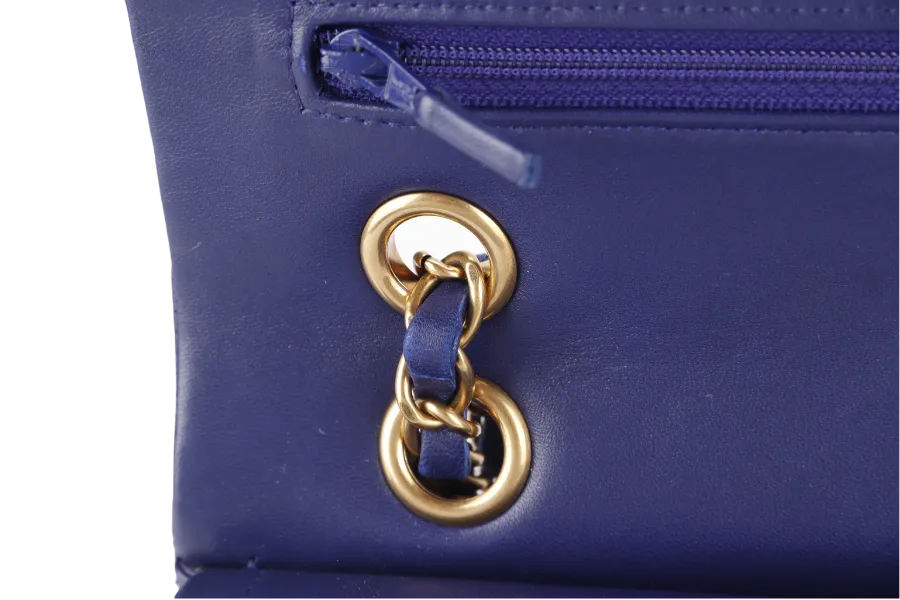 CHANEL CLASSIC FLAP CHEVRON (2117xxxx) DARK BLUE LAMBSKIN GOLD HARDWARE MEDIUM SIZE WITH CARD AND DUST COVER