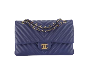 CHANEL CLASSIC FLAP CHEVRON (2117xxxx) DARK BLUE LAMBSKIN GOLD HARDWARE MEDIUM SIZE WITH CARD AND DUST COVER