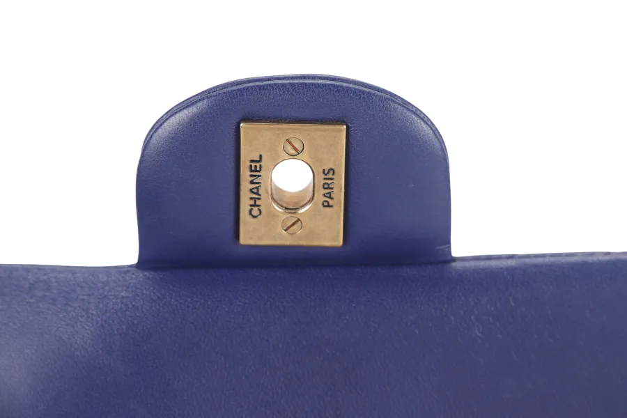 CHANEL CLASSIC FLAP CHEVRON (2117xxxx) DARK BLUE LAMBSKIN GOLD HARDWARE MEDIUM SIZE WITH CARD AND DUST COVER
