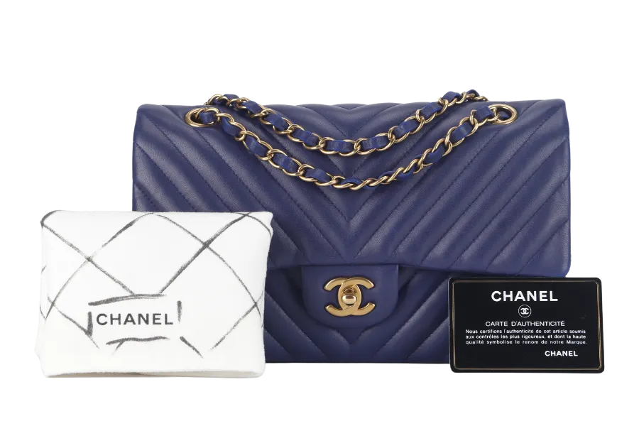 CHANEL CLASSIC FLAP CHEVRON (2117xxxx) DARK BLUE LAMBSKIN GOLD HARDWARE MEDIUM SIZE WITH CARD AND DUST COVER