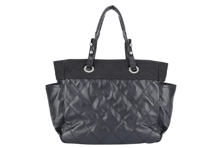 CHANEL COCO MARK PARIS BIARRITZ TOTE BAG LARGE BLACK COATED CANVAS SILVER HARDWARE (1227xxxx) NO DUST COVER