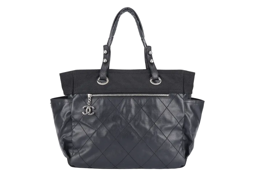 CHANEL COCO MARK PARIS BIARRITZ TOTE BAG LARGE BLACK COATED CANVAS SILVER HARDWARE (1227xxxx) NO DUST COVER