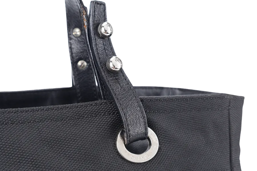 CHANEL COCO MARK PARIS BIARRITZ TOTE BAG LARGE BLACK COATED CANVAS SILVER HARDWARE (1227xxxx) NO DUST COVER