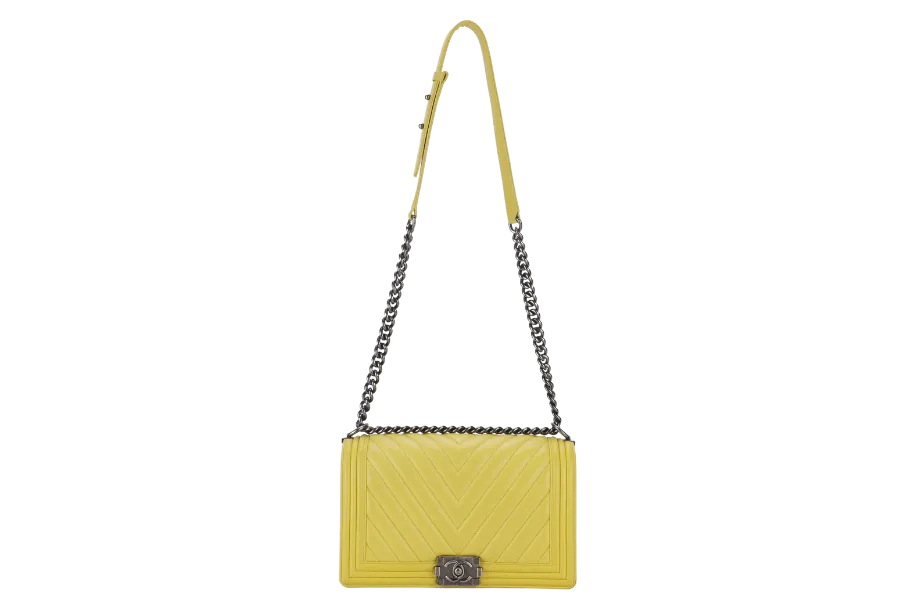 CHANEL LEBOY (2234xxxx) YELLOW CHEVRON LAMBSKIN RUTHENIUM HARDWARE WITH DUST COVER