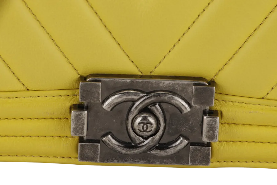 CHANEL LEBOY (2234xxxx) YELLOW CHEVRON LAMBSKIN RUTHENIUM HARDWARE WITH DUST COVER