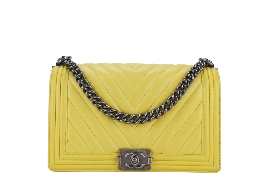 CHANEL LEBOY (2234xxxx) YELLOW CHEVRON LAMBSKIN RUTHENIUM HARDWARE WITH DUST COVER