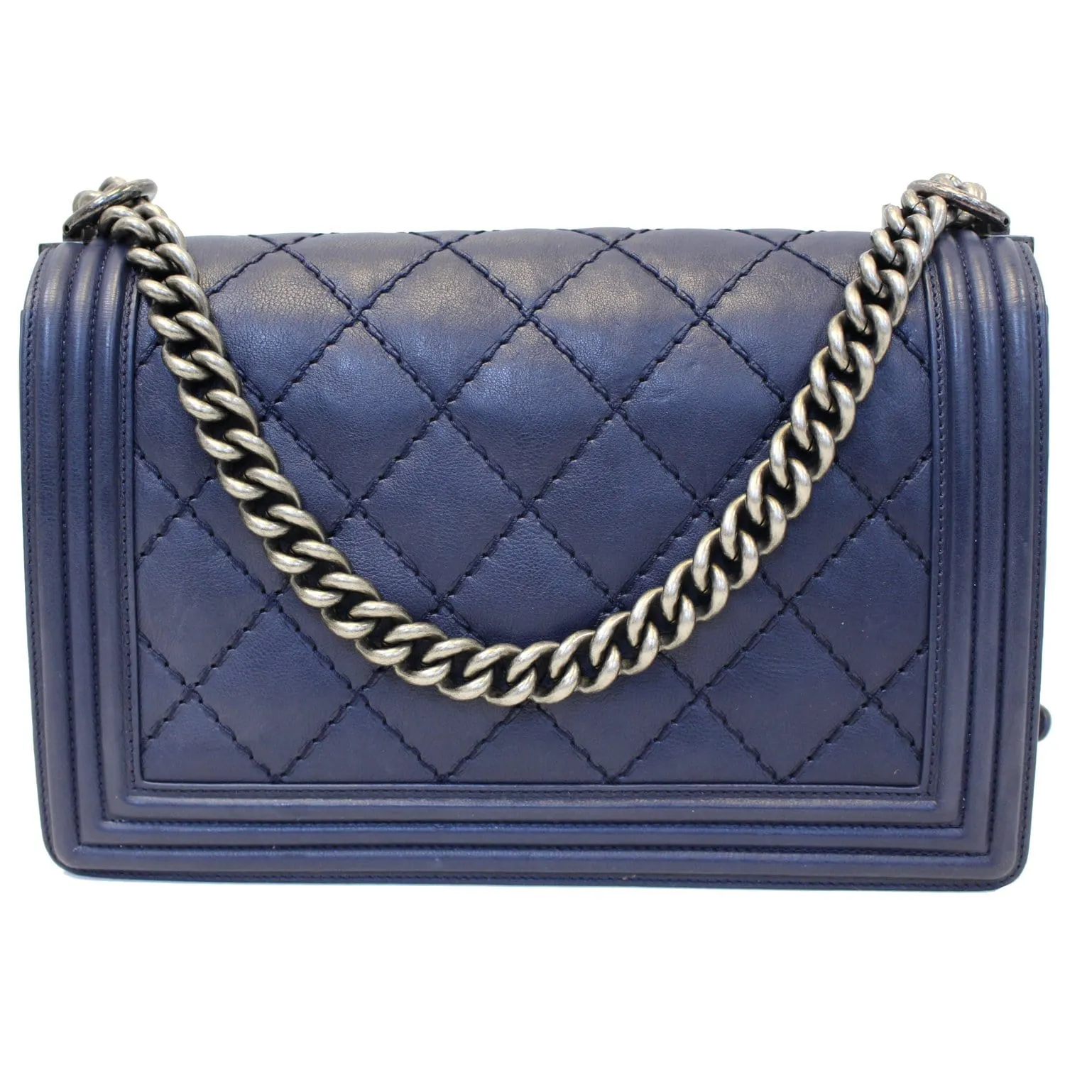 CHANEL New Medium Boy Flap Calfskin Double Stitch Shoulder Bag Navy