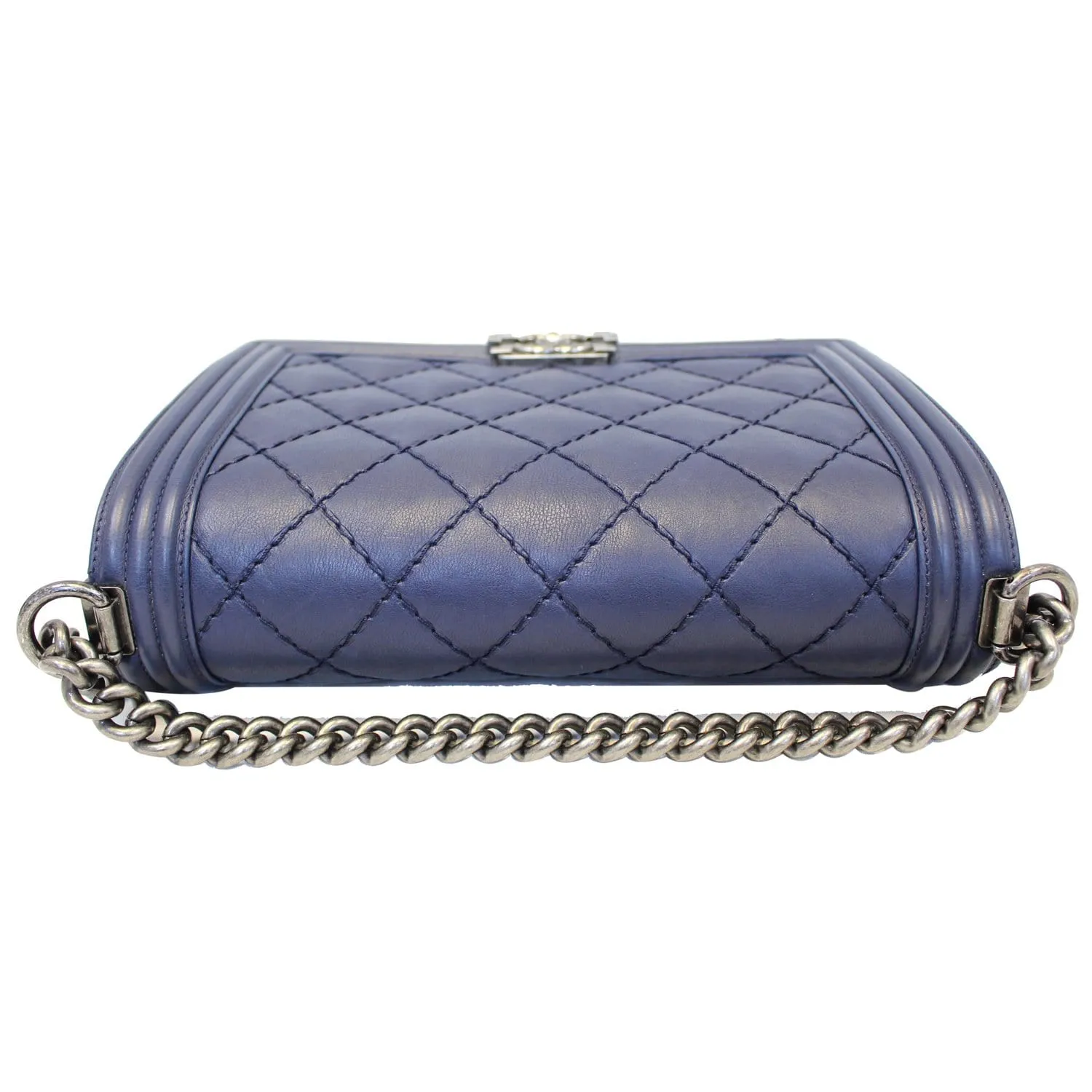 CHANEL New Medium Boy Flap Calfskin Double Stitch Shoulder Bag Navy