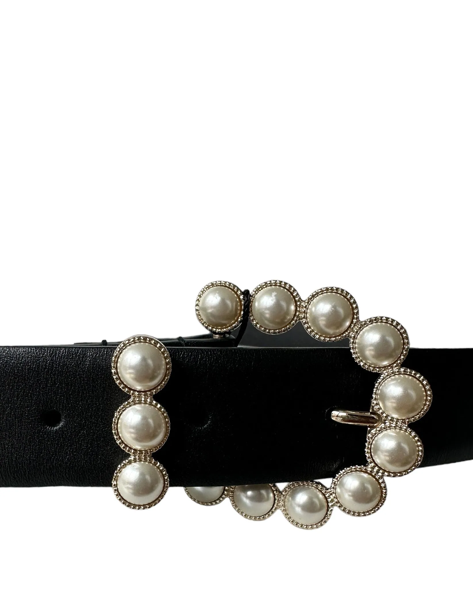Chanel NWT Black Leather Belt w/ Pearl Buckle sz 90/36"