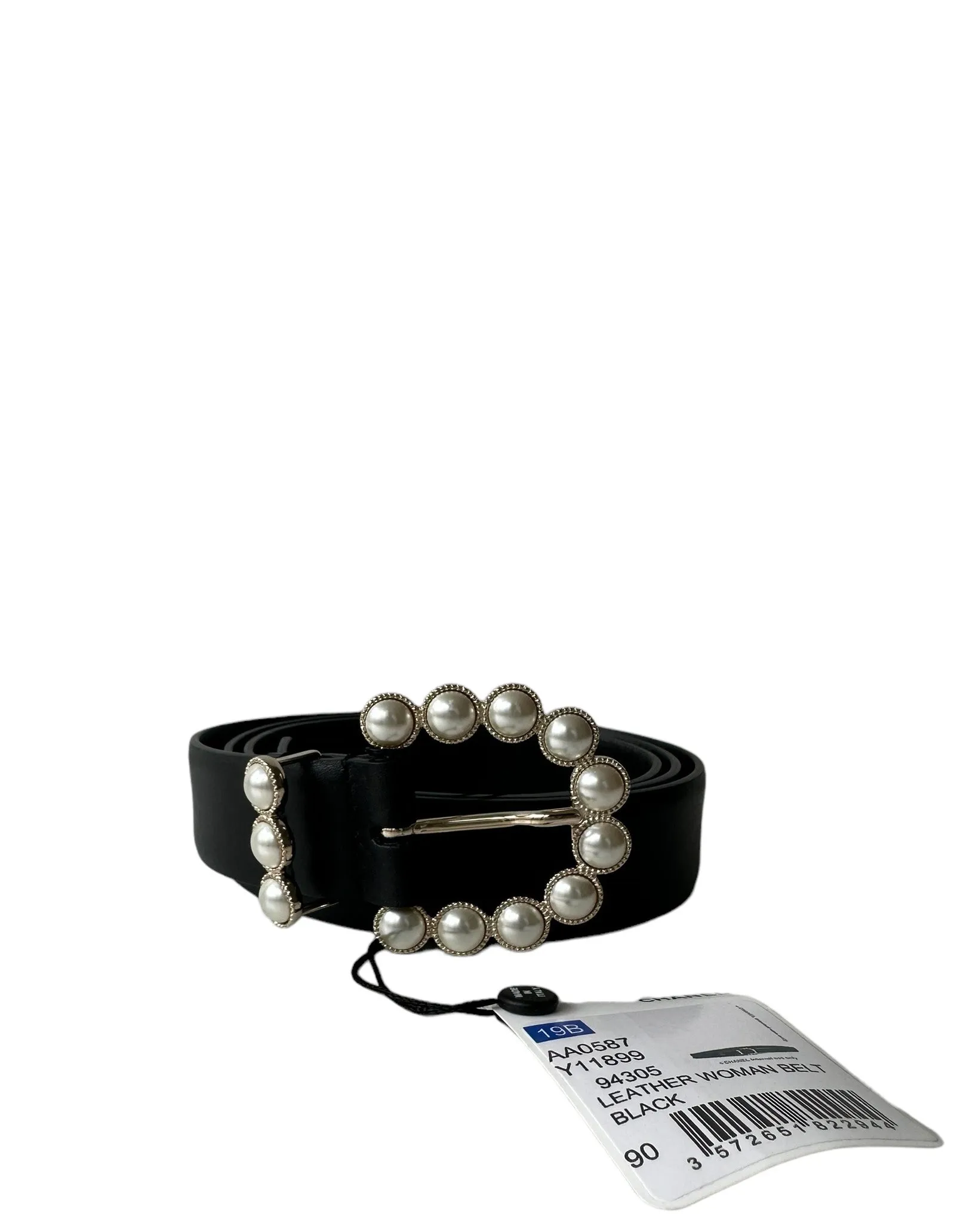 Chanel NWT Black Leather Belt w/ Pearl Buckle sz 90/36"