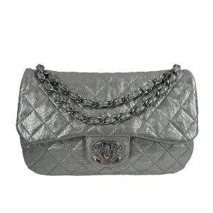 CHANEL - Silver Jumbo Icy Crinkled Leather Flap Bag - Shoulder Bag / Crossbody