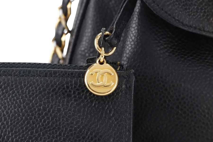 CHANEL VINTAGE BLACK CAVIAR MINI SLING BUCKET BAG WITH FLAP GOLD HARDWARE NO CARD, NO DUST COVER