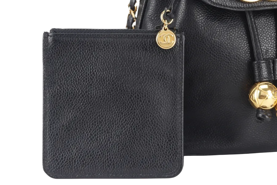 CHANEL VINTAGE BLACK CAVIAR MINI SLING BUCKET BAG WITH FLAP GOLD HARDWARE NO CARD, NO DUST COVER