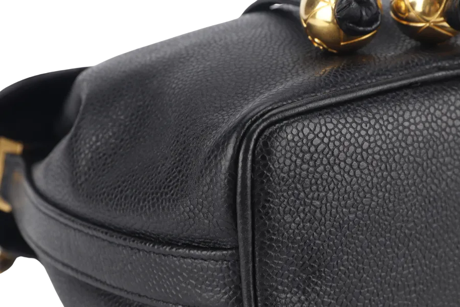 CHANEL VINTAGE BLACK CAVIAR MINI SLING BUCKET BAG WITH FLAP GOLD HARDWARE NO CARD, NO DUST COVER