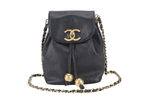 CHANEL VINTAGE BLACK CAVIAR MINI SLING BUCKET BAG WITH FLAP GOLD HARDWARE NO CARD, NO DUST COVER