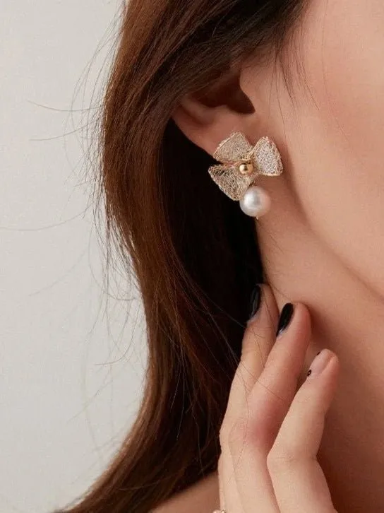 Cicada Wing Series Metallic Lace Triple Leaf Dangle Earrings