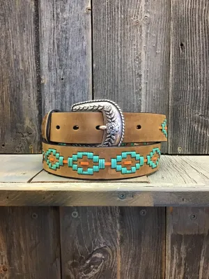 CLA1533244-L-Tan/Tq Belt Ariat Leather SouthWestern Turquoise Diamond