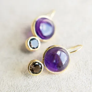 Color Block Drop Earrings in Amethyst and Faceted Smoky Quartz