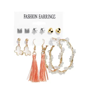 Coral Polyster & Acrylic 18K Gold-Plated Heart Butterfly Drop Earring Set