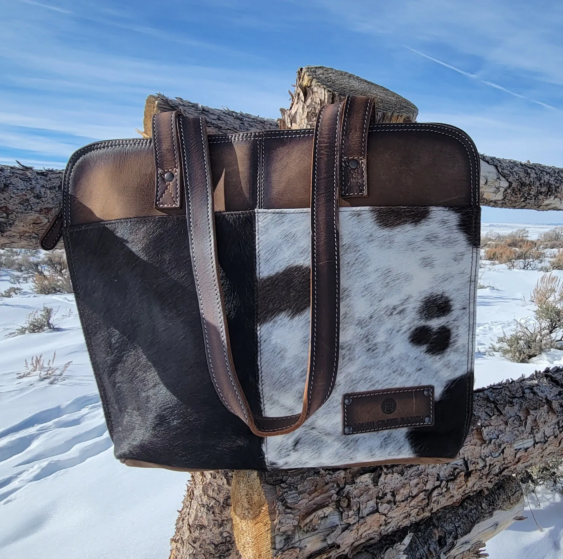 Cowhide Zippered Tote Bag