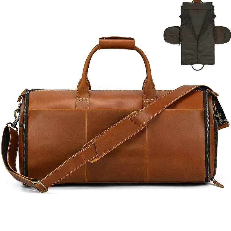Crazy Horse Leather Travel Bag Suits and Shoes Folding Business Bag