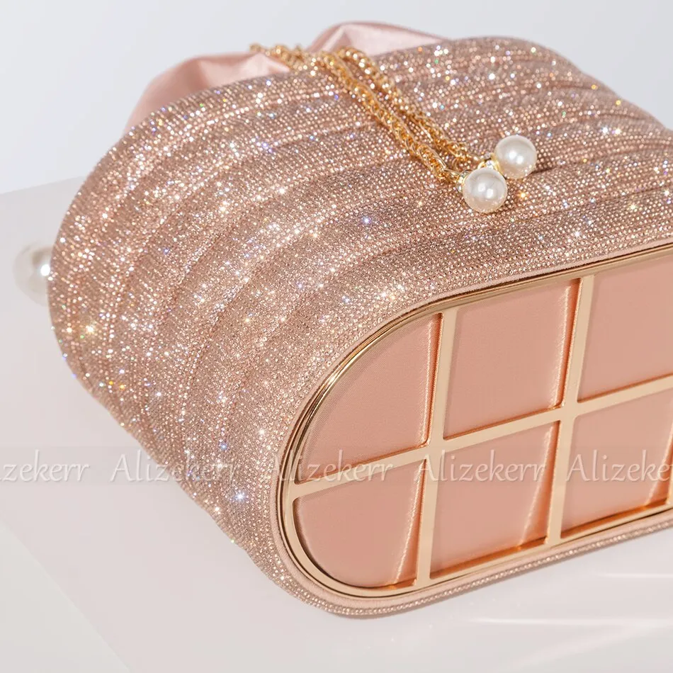 Crystal Metal Evening Clutch Bags Women Boutique Pearl Handle Shiny color blocking Rhinestone Purse And Handbags Bridal Wedding