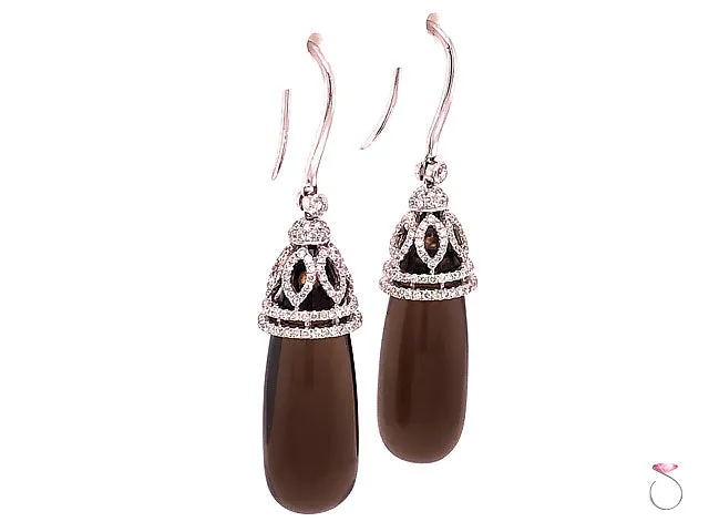 Diamond & Smoky Quartz Large Drop Earrings, 18K White Gold