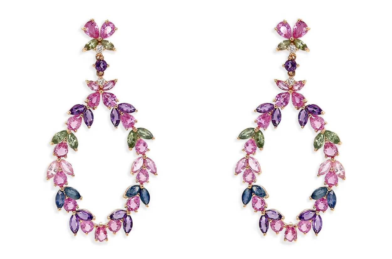 Earrings 18kt Gold Floral Sapphires Amethyst & Diamonds Drop