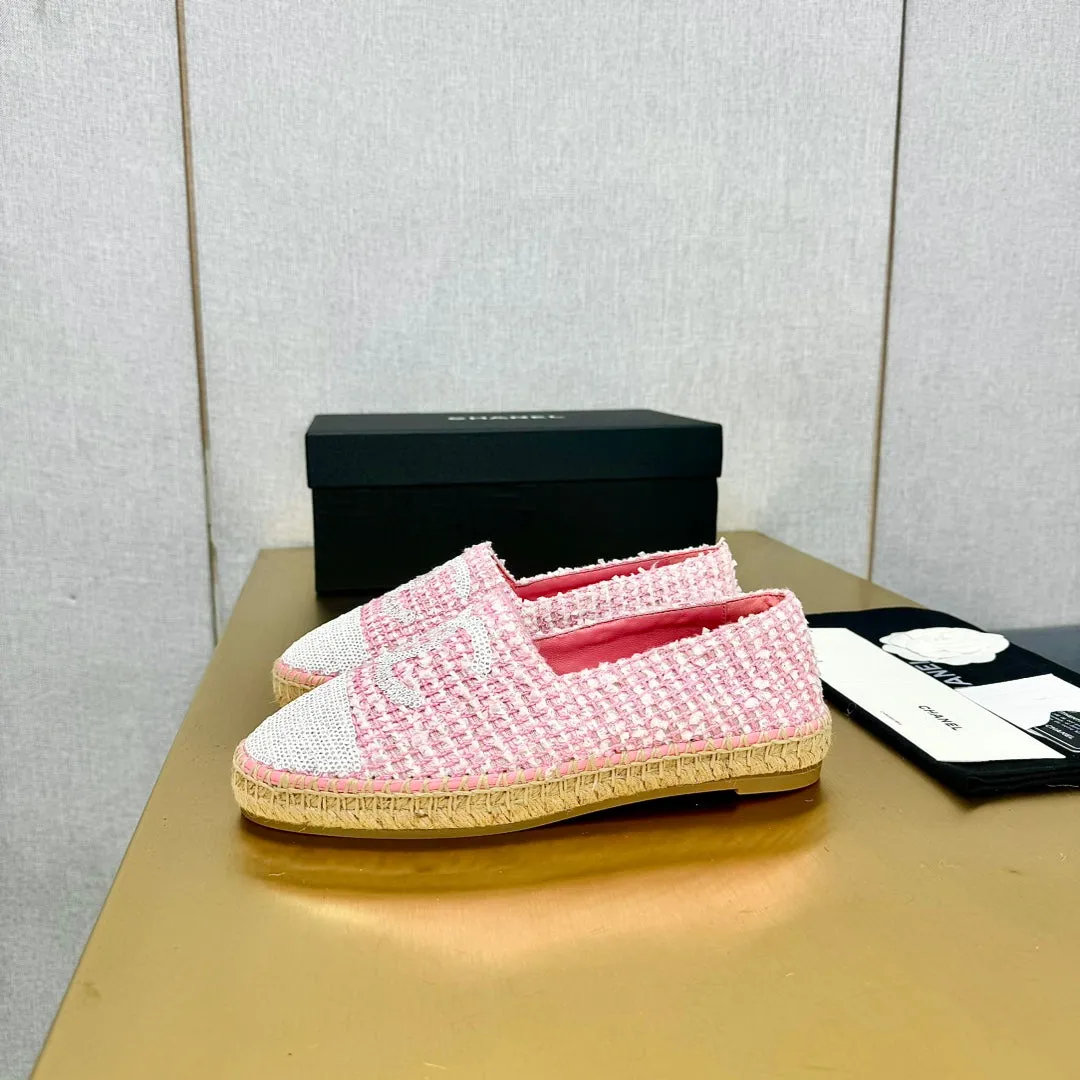 espadrilles pink white tweed cotton white sequin
