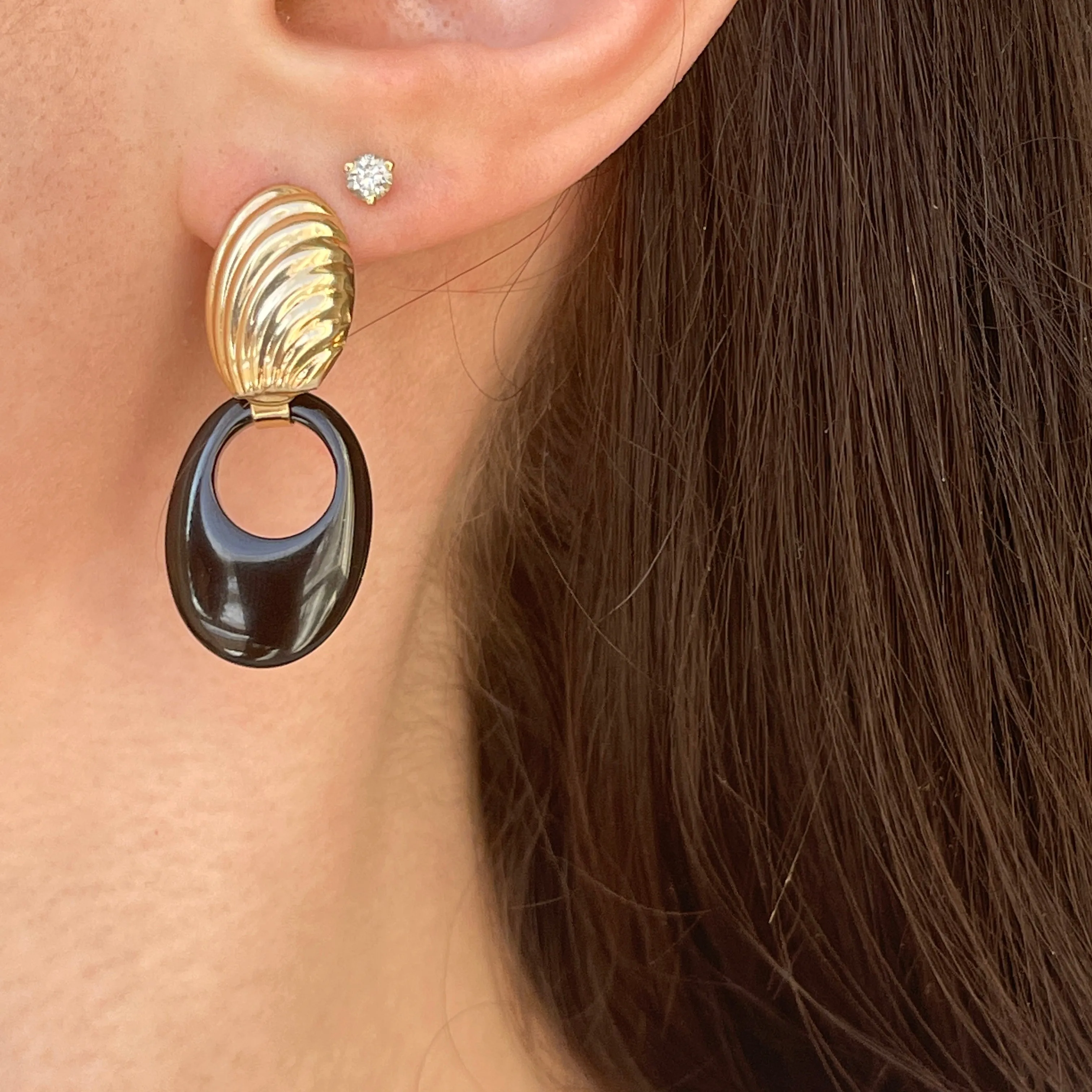 Estate 14KT Yellow Gold Oval Corrugated Interchangeable Drop Earrings