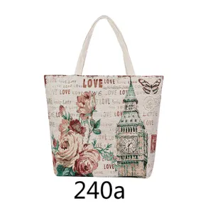 European Style Female Canvas Tote Floral And Tower Printing Handbags Women Canvas Beach Bag For Girls Embroidery Shoulder Bags