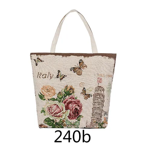 European Style Female Canvas Tote Floral And Tower Printing Handbags Women Canvas Beach Bag For Girls Embroidery Shoulder Bags