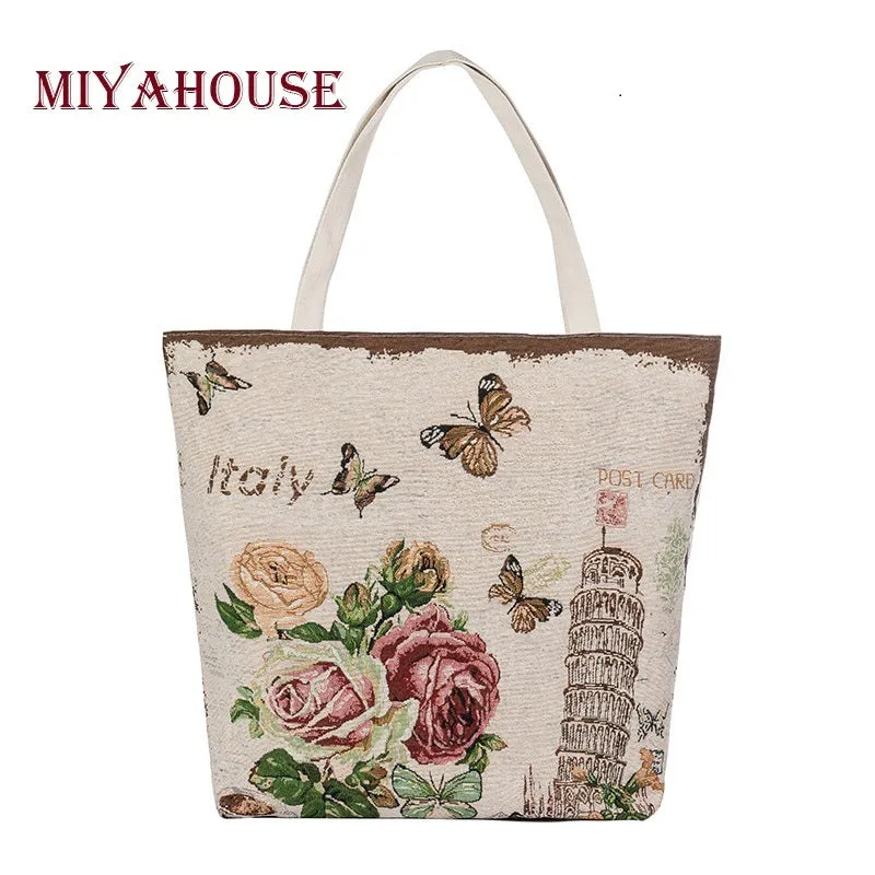 European Style Female Canvas Tote Floral And Tower Printing Handbags Women Canvas Beach Bag For Girls Embroidery Shoulder Bags