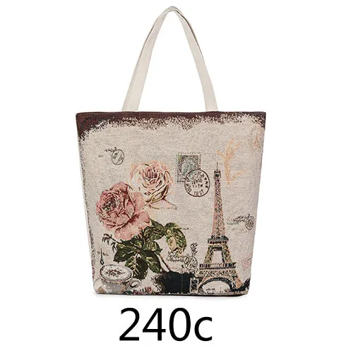 European Style Female Canvas Tote Floral And Tower Printing Handbags Women Canvas Beach Bag For Girls Embroidery Shoulder Bags