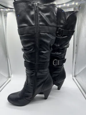 Fashion bug￼ Sz 9 Slouch buckle accent stretch black leather knee-high boot Heel